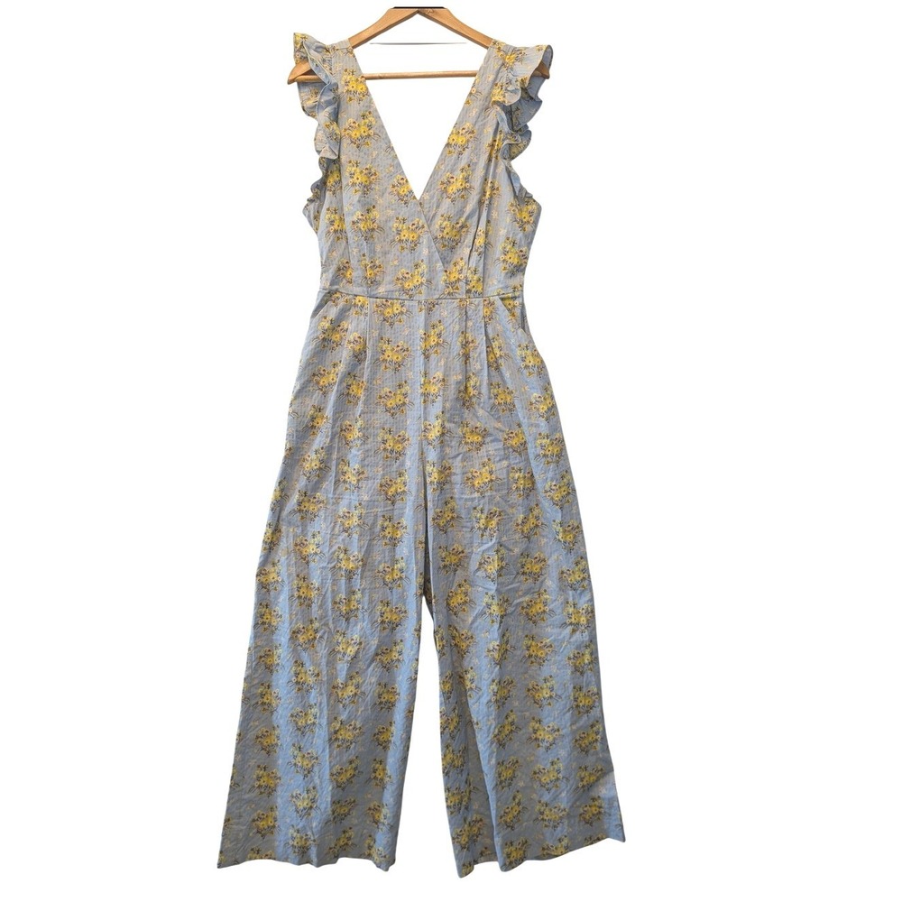 Happy X Nature Blue Yellow Floral Cotton Wide Leg Ruffle Jumpsuit 12 CN120012